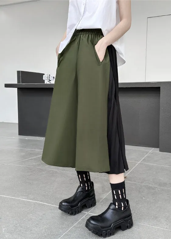 Loose Army Green Pockets Wrinkled Patchwork Cotton Pants Skirt Fall LY9375