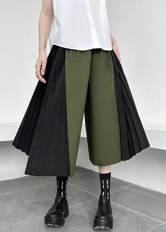 Loose Army Green Pockets Wrinkled Patchwork Cotton Pants Skirt Fall LY9375