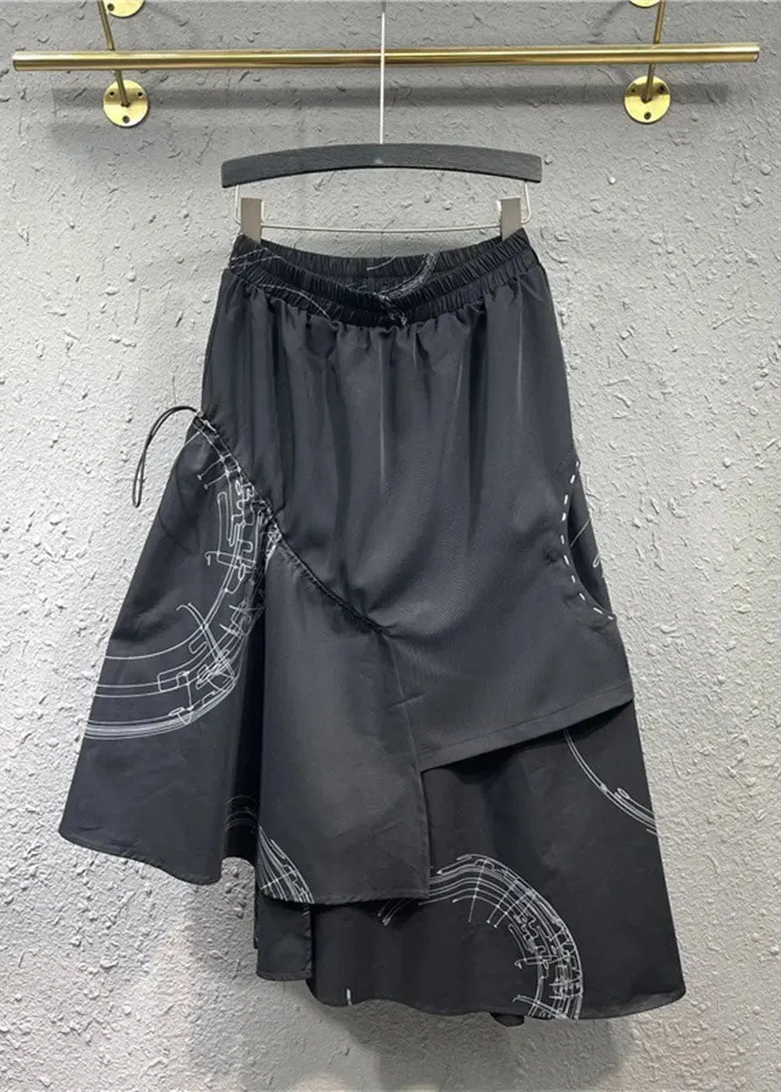 Loose Black Asymmetrical Patchwork Elastic Waist Maxi Skirt Fall ML0732