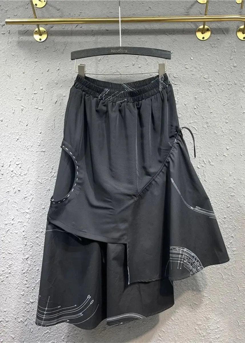 Loose Black Asymmetrical Patchwork Elastic Waist Maxi Skirt Fall ML0732