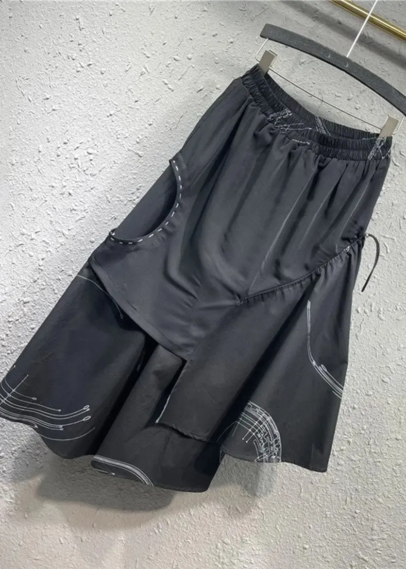Loose Black Asymmetrical Patchwork Elastic Waist Maxi Skirt Fall ML0732