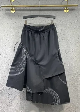 Loose Black Asymmetrical Patchwork Elastic Waist Maxi Skirt Fall ML0732