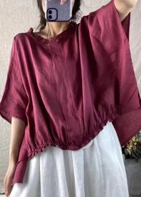 Loose Purple Ruffled Low High Design Cotton T Shirt Batwing Sleeve ML2333