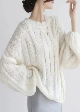 Loose White Hollow Out  Cozy Woolen Shirt Puff Sleeve ML3300