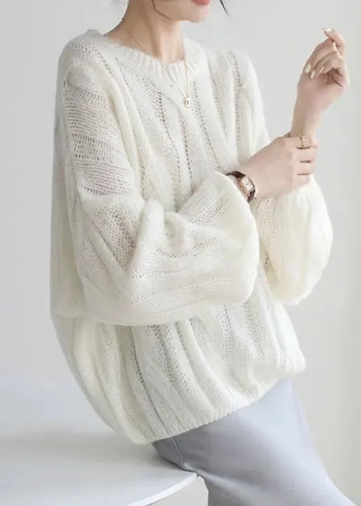 Loose White Hollow Out  Cozy Woolen Shirt Puff Sleeve ML3300