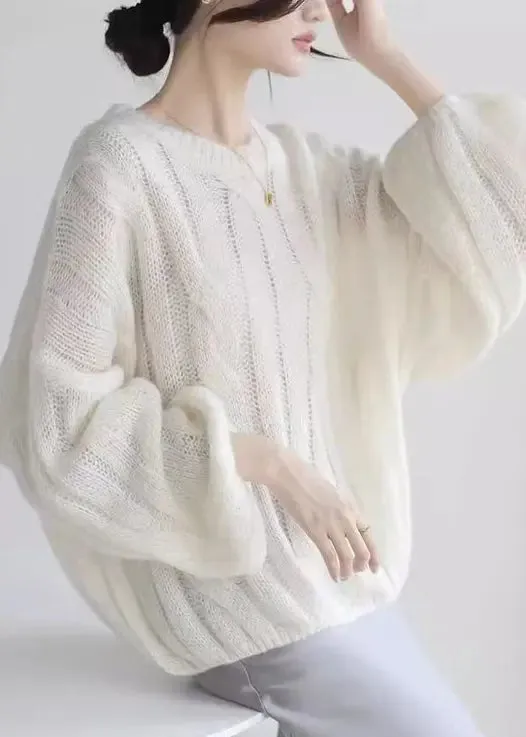 Loose White Hollow Out  Cozy Woolen Shirt Puff Sleeve ML3300
