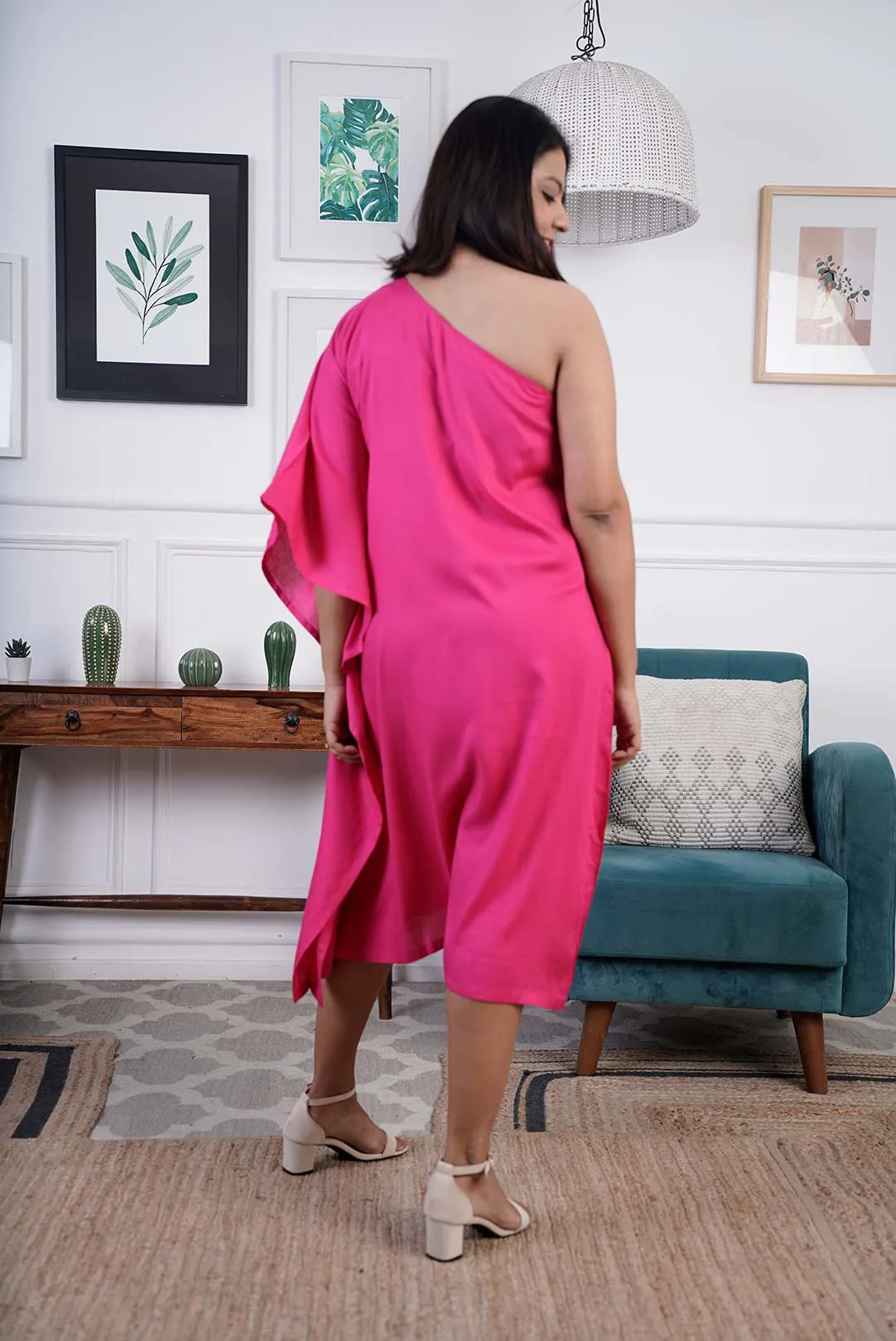 Magenta Rayon OneShoulder Dress - Solid
