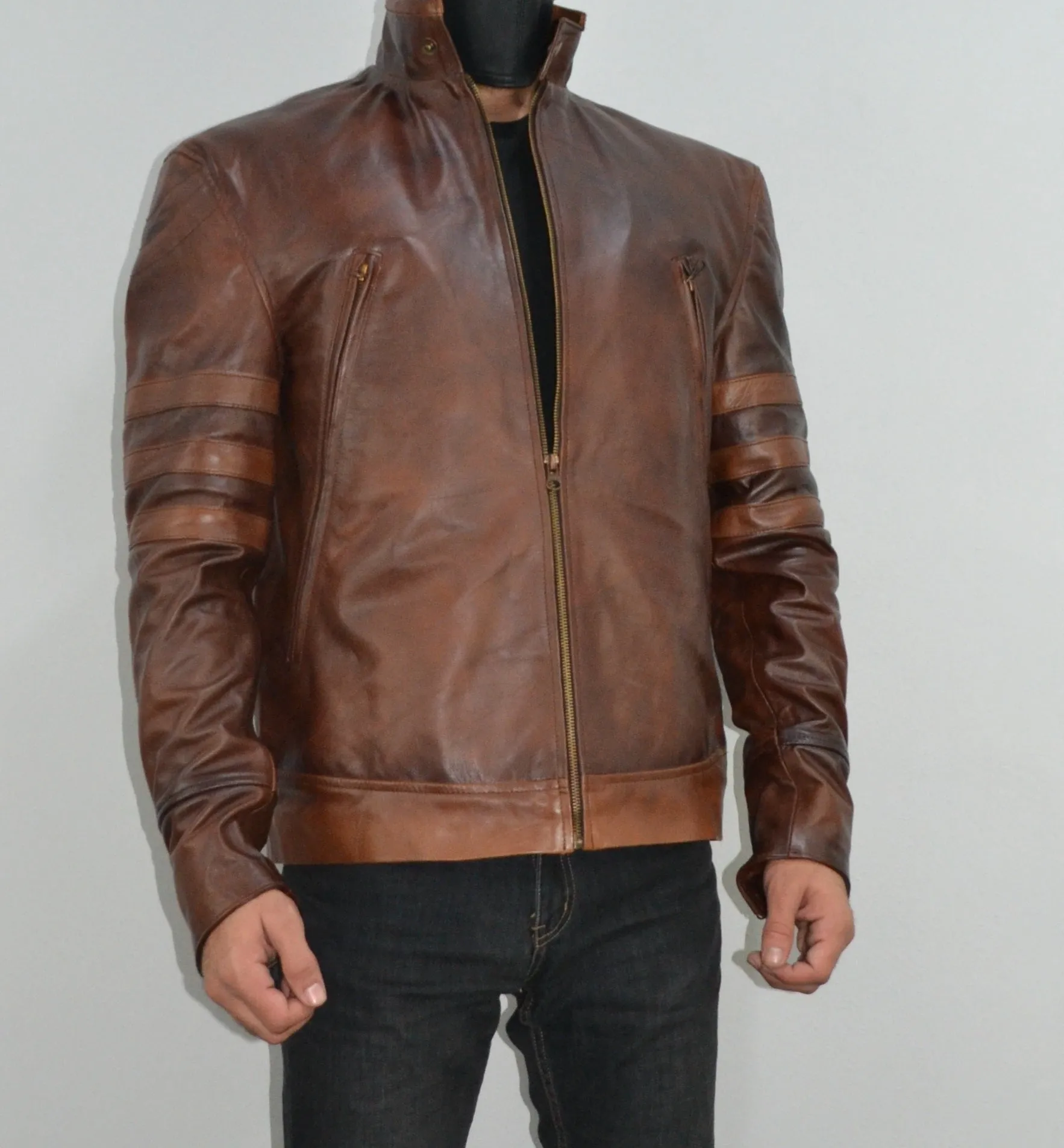 Mens Brown Biker Leather Jacket Origins Slim Fit Stripe Leather Racer Jacket