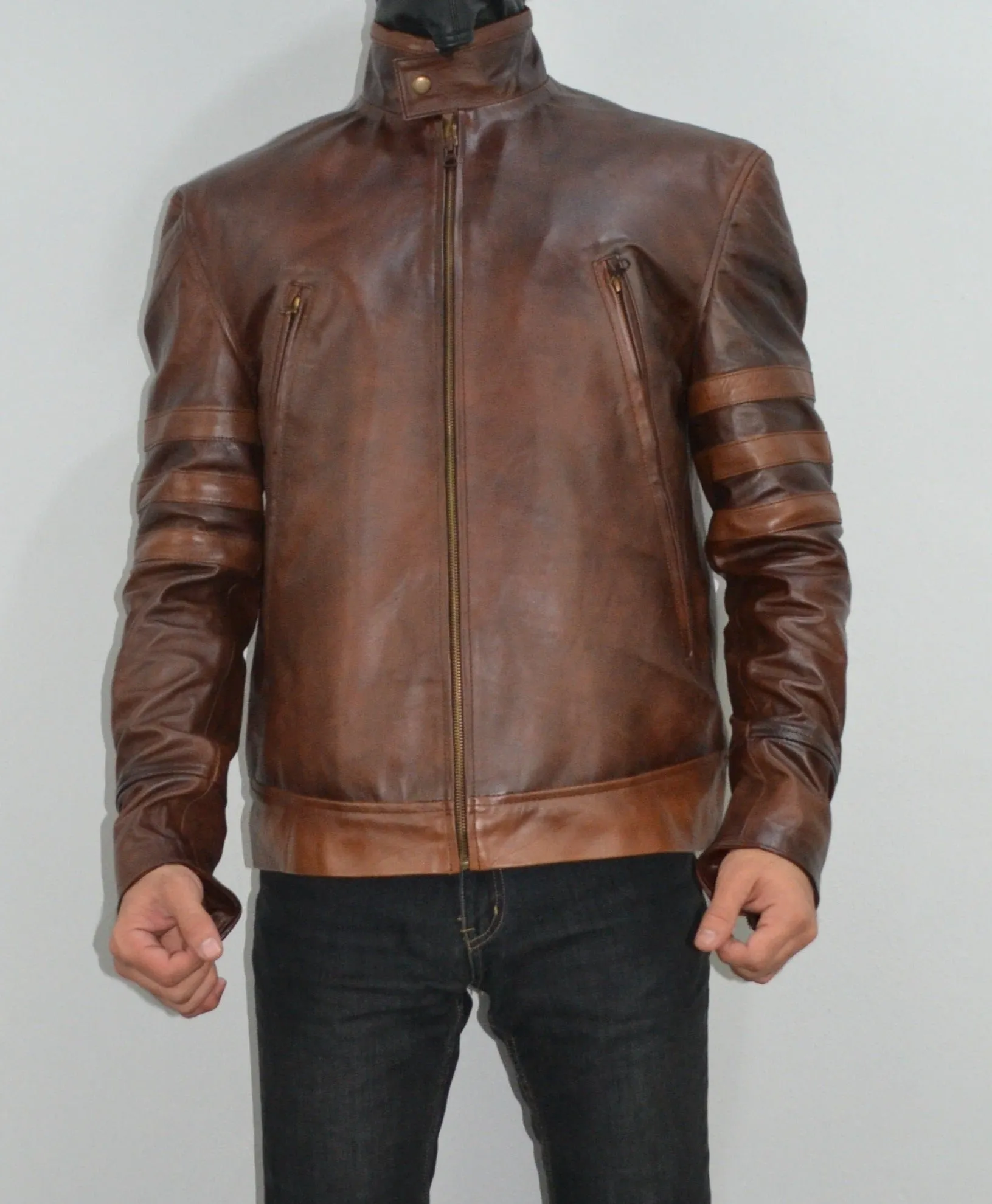 Mens Brown Biker Leather Jacket Origins Slim Fit Stripe Leather Racer Jacket