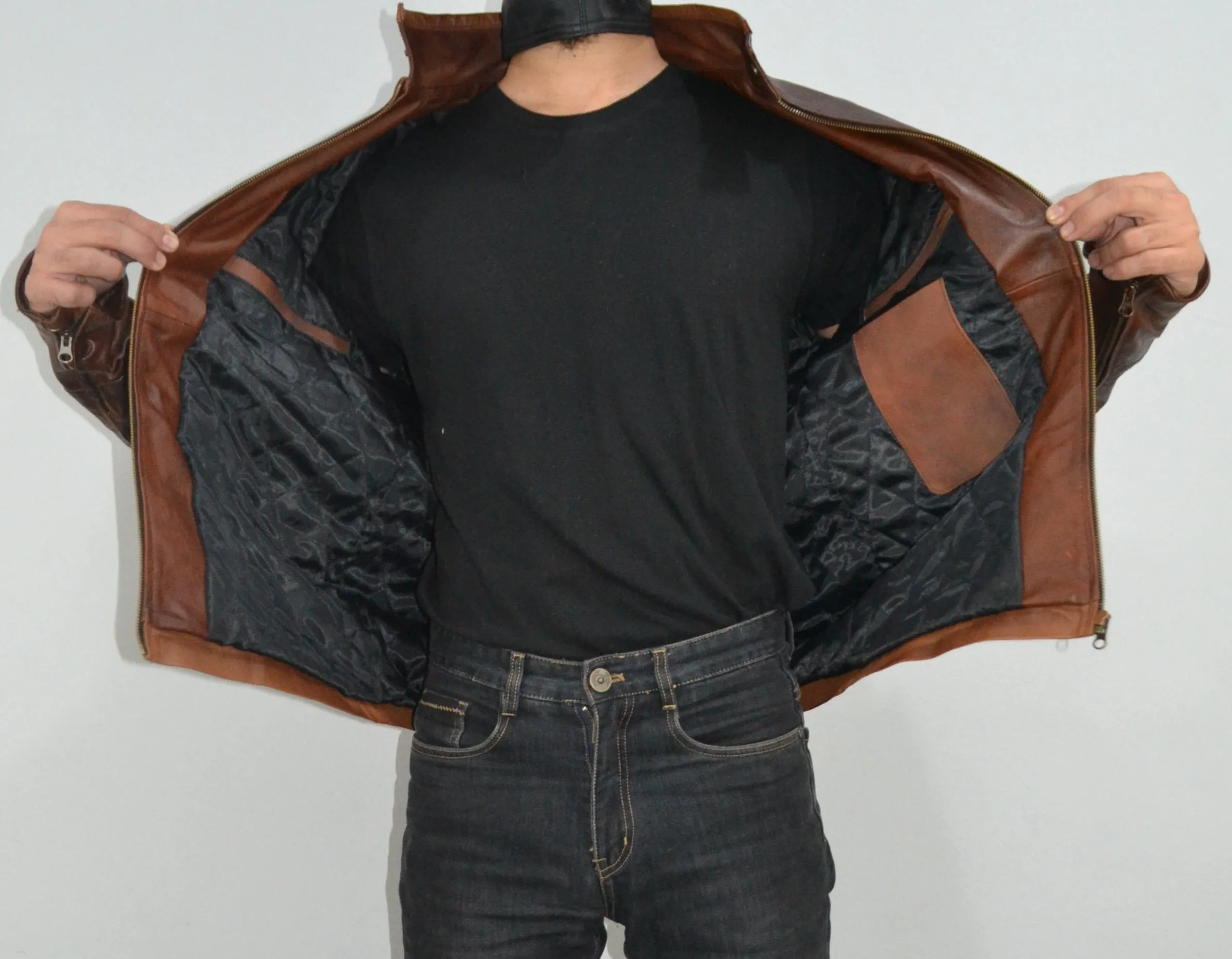 Mens Brown Biker Leather Jacket Origins Slim Fit Stripe Leather Racer Jacket
