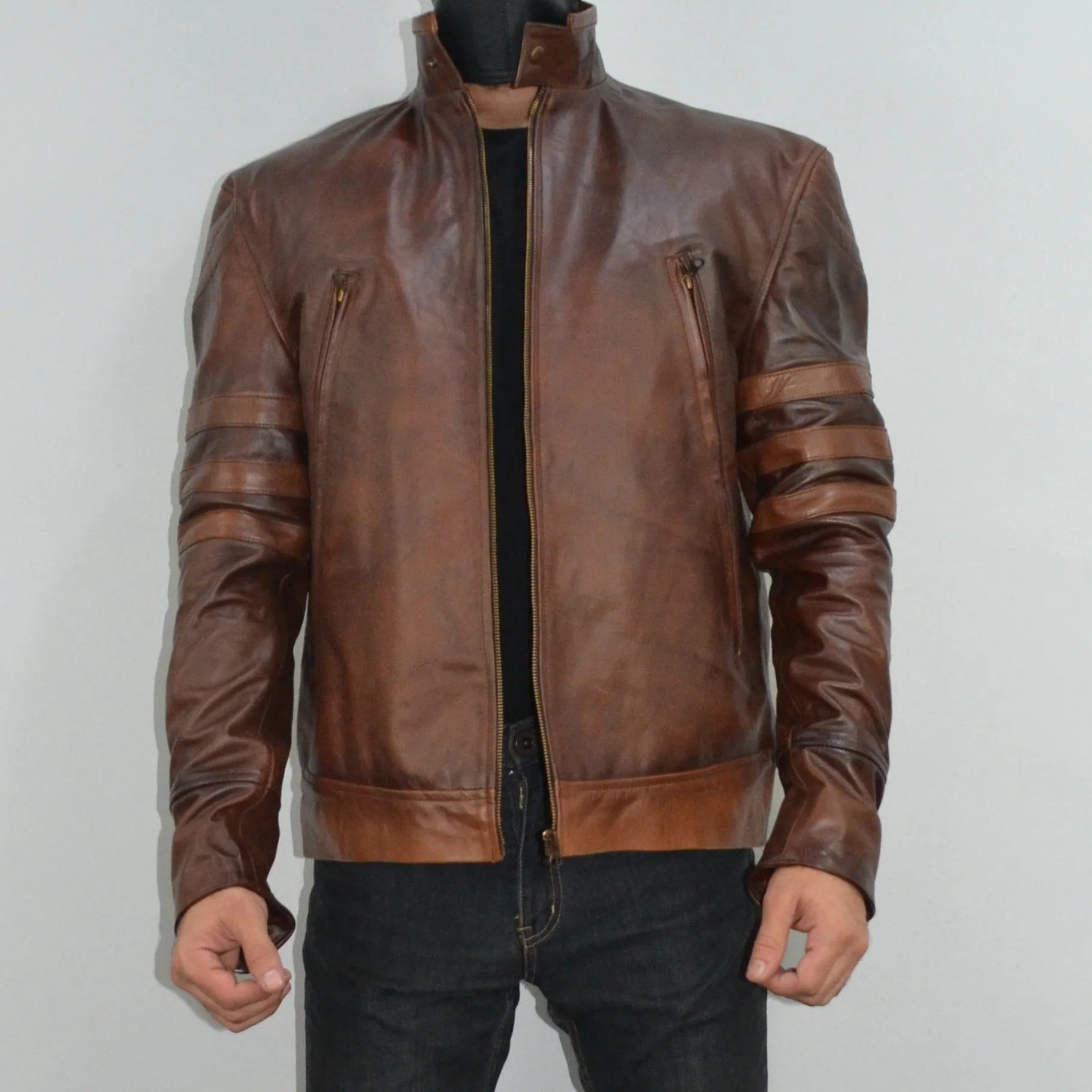 Mens Brown Biker Leather Jacket Origins Slim Fit Stripe Leather Racer Jacket