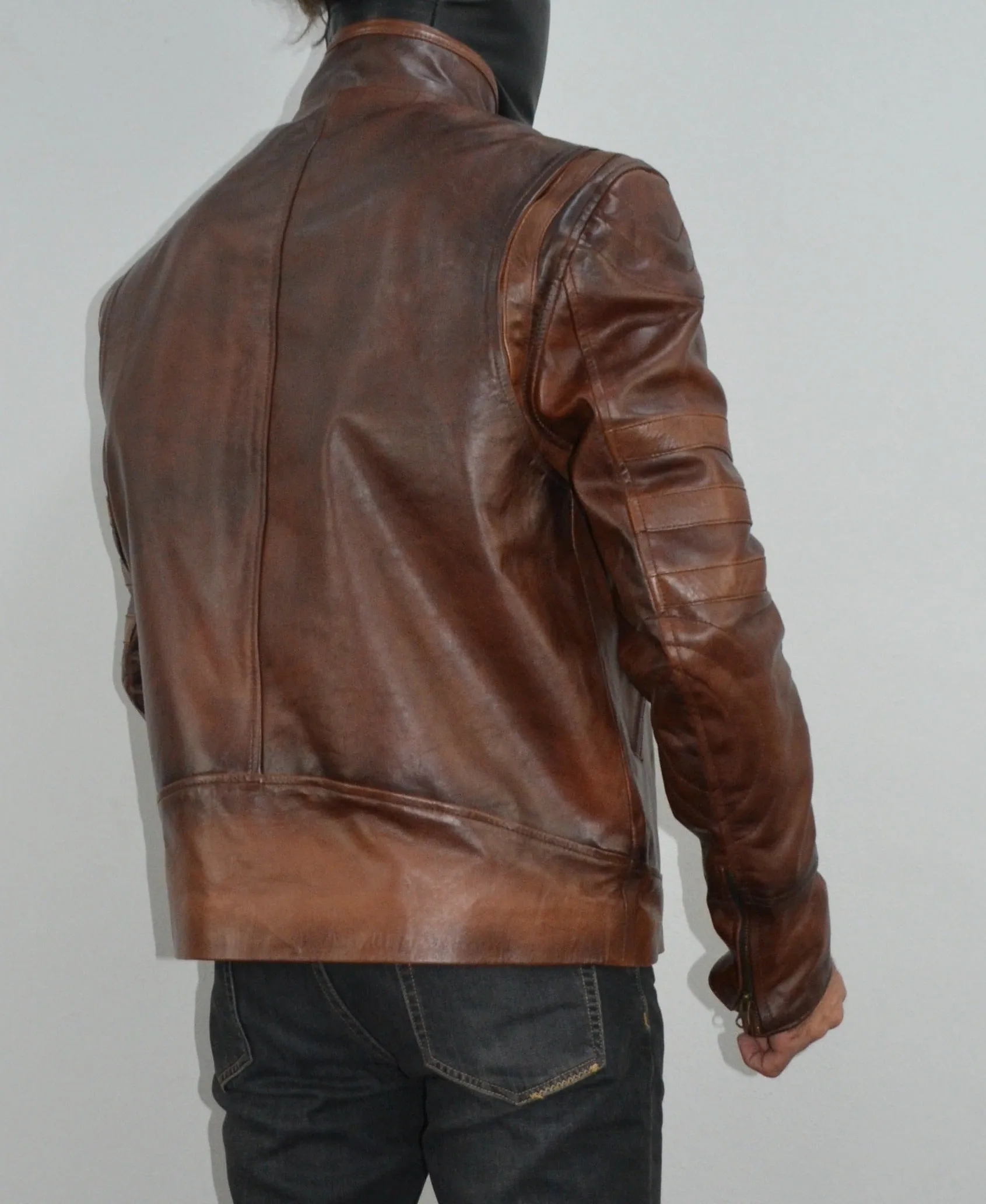Mens Brown Biker Leather Jacket Origins Slim Fit Stripe Leather Racer Jacket