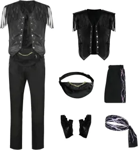 Men's Fringe Leather Vest Cowboy Costume Vest Sleeveless Jacket Bandana Gloves Set Adult Tassel Outwear