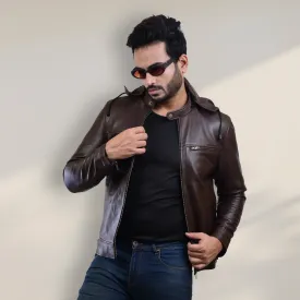 MENS LEATHER HOODED JACKET 410139(BROWN)
