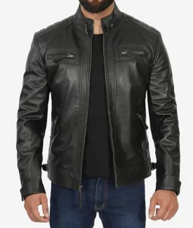 Mens Quilted Leather Black Cafe Racer Jacket