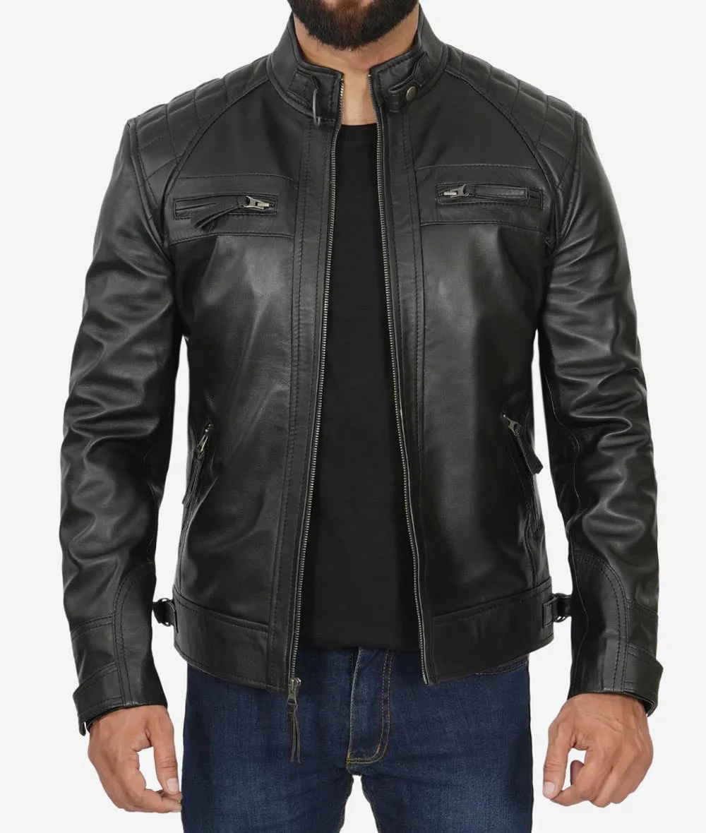 Mens Quilted Leather Black Cafe Racer Jacket
