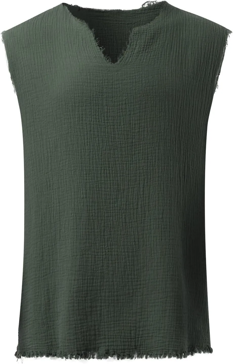 Men's Raw Edge Cotton Linen Tank Tops Short Sleeve Casual Vintage Summer Shirt Sleeveless V-Neck Beach Loose Vest