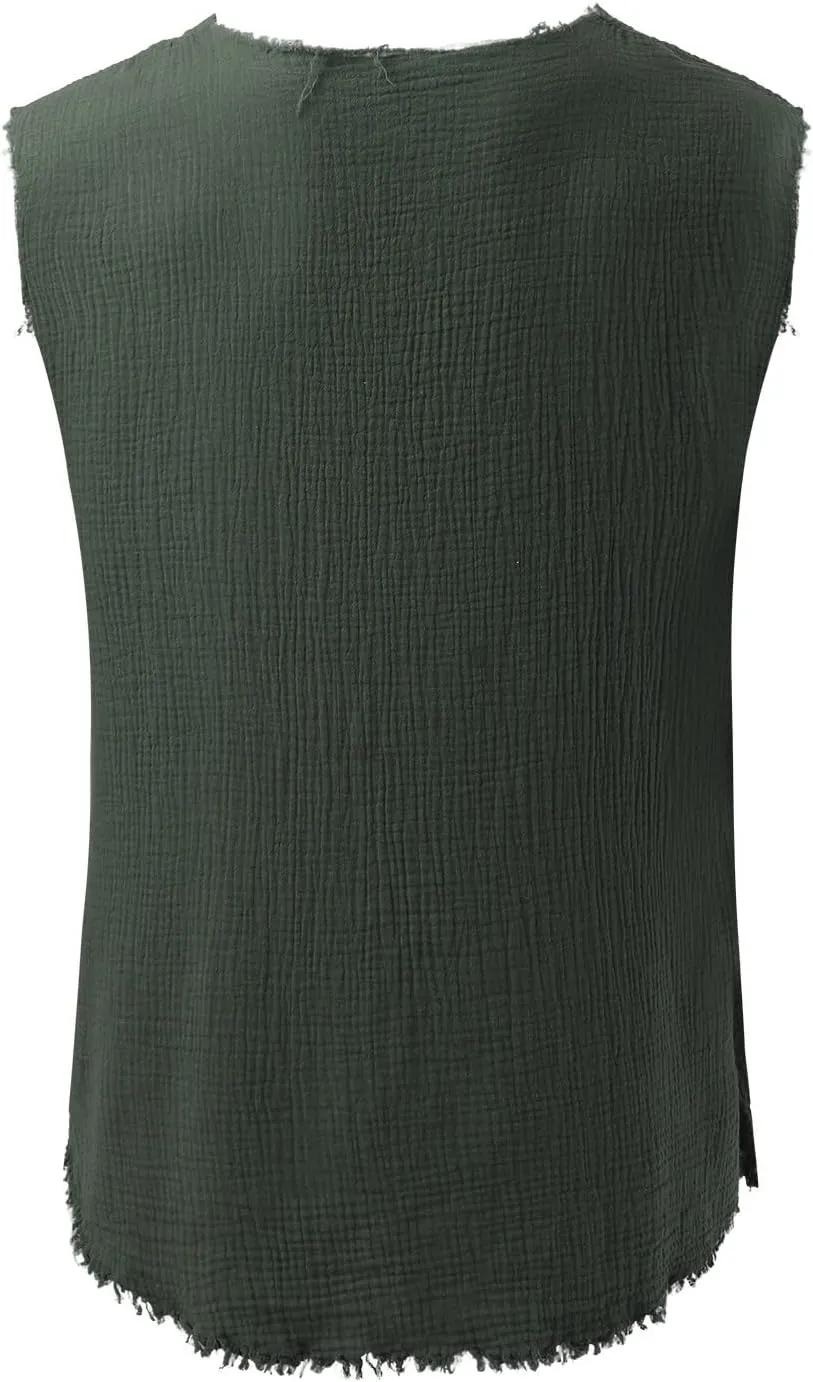 Men's Raw Edge Cotton Linen Tank Tops Short Sleeve Casual Vintage Summer Shirt Sleeveless V-Neck Beach Loose Vest