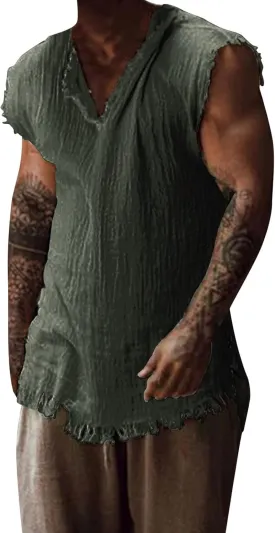 Men's Raw Edge Cotton Linen Tank Tops Short Sleeve Casual Vintage Summer Shirt Sleeveless V-Neck Beach Loose Vest