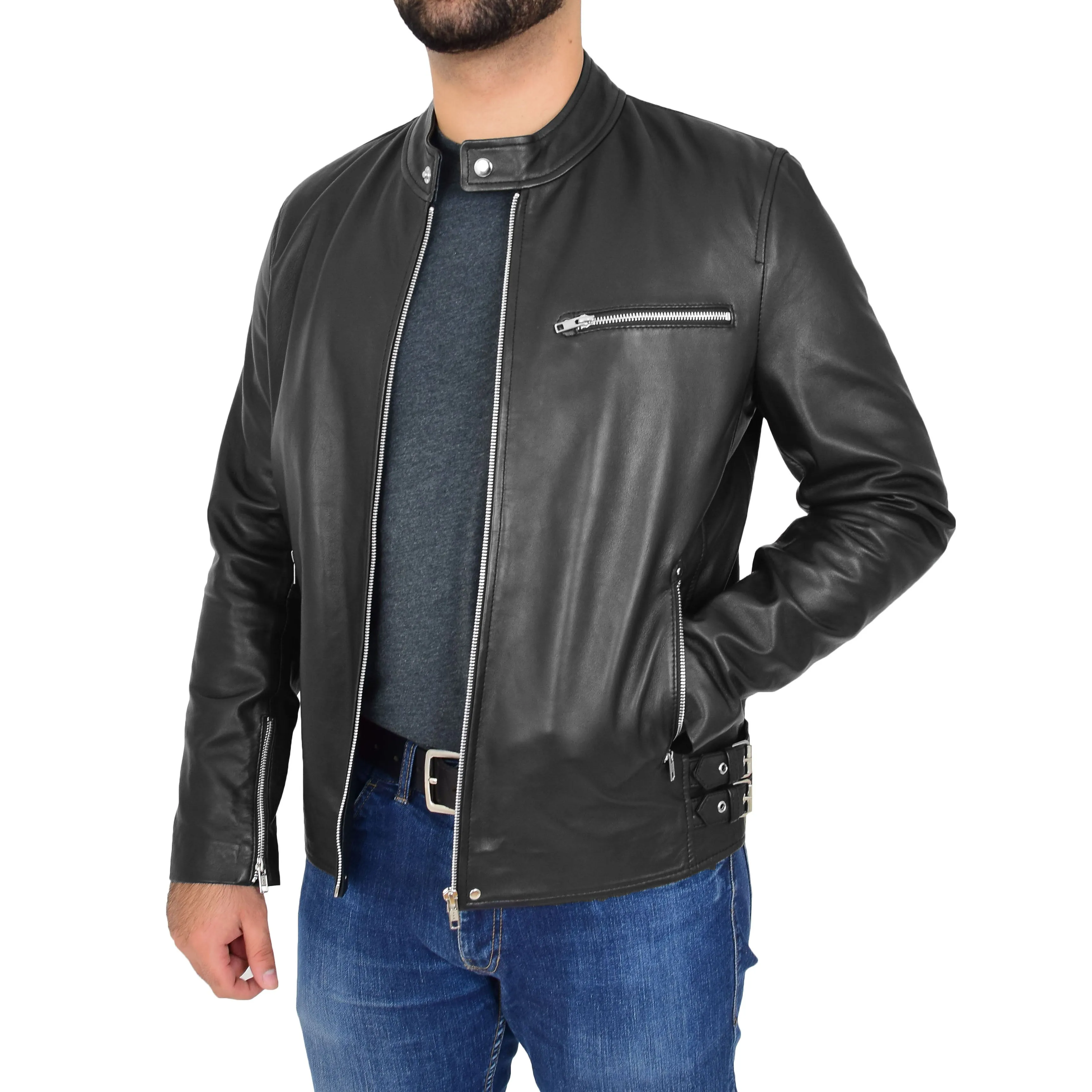Mens Soft Leather Biker Jacket Brock Black