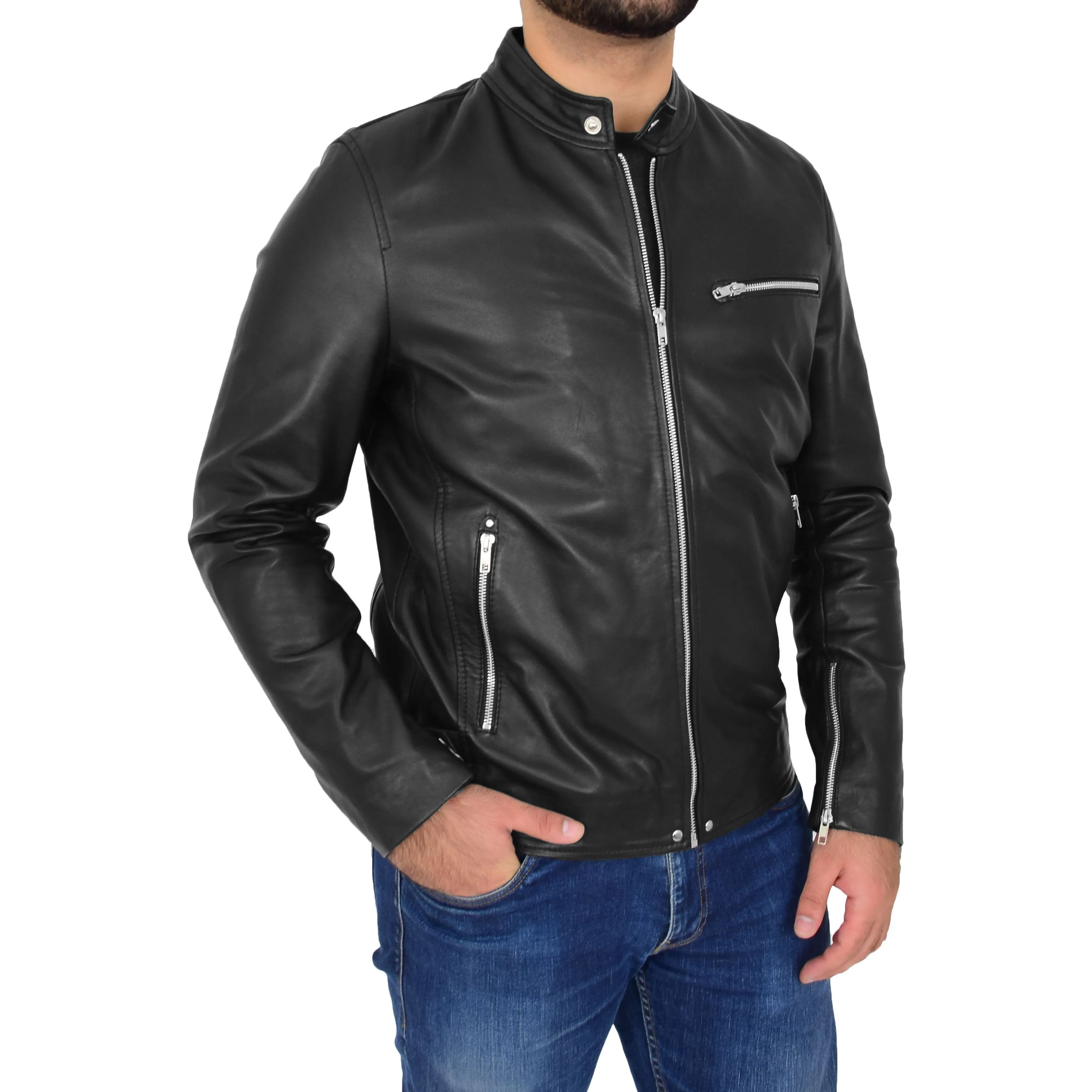Mens Soft Leather Biker Jacket Brock Black
