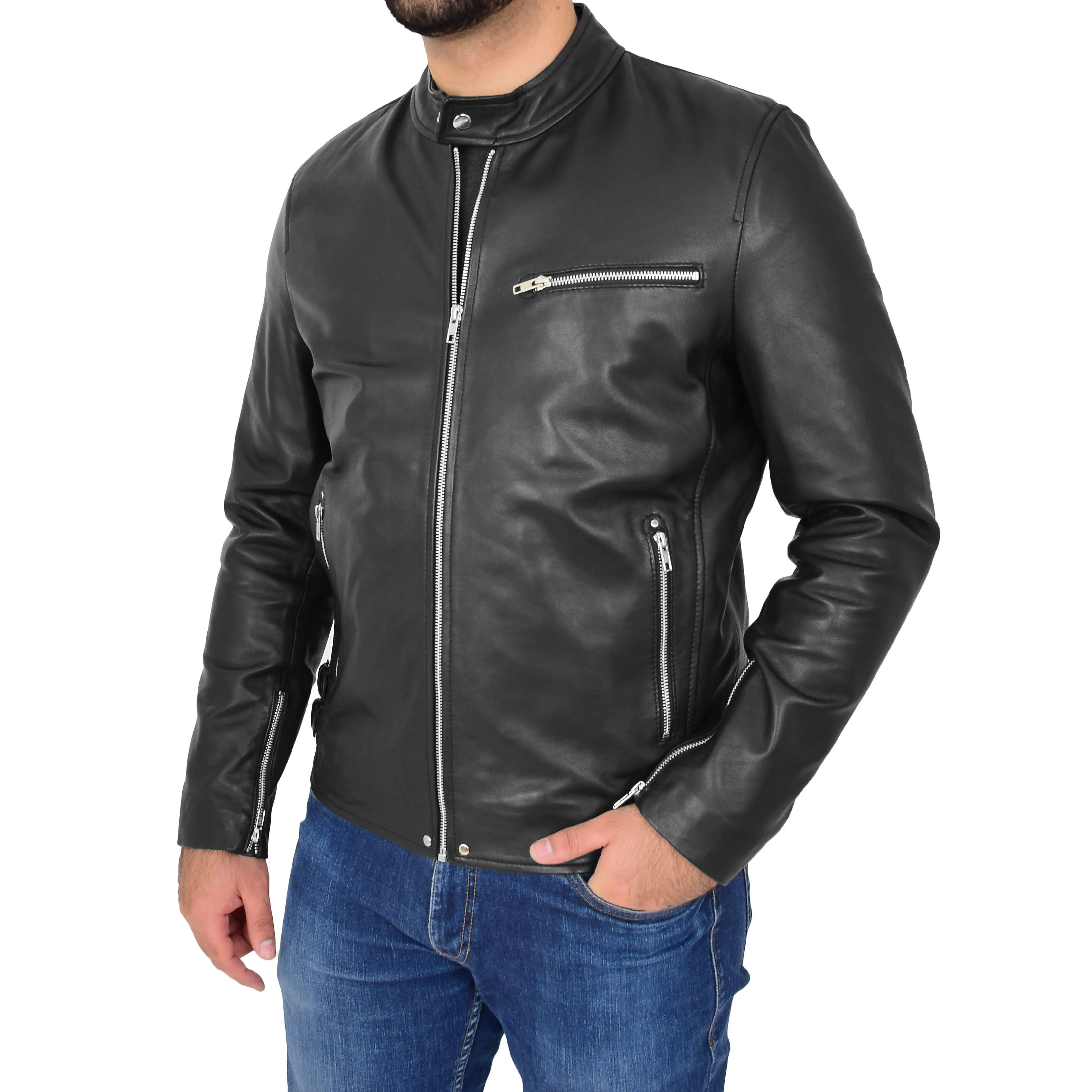 Mens Soft Leather Biker Jacket Brock Black