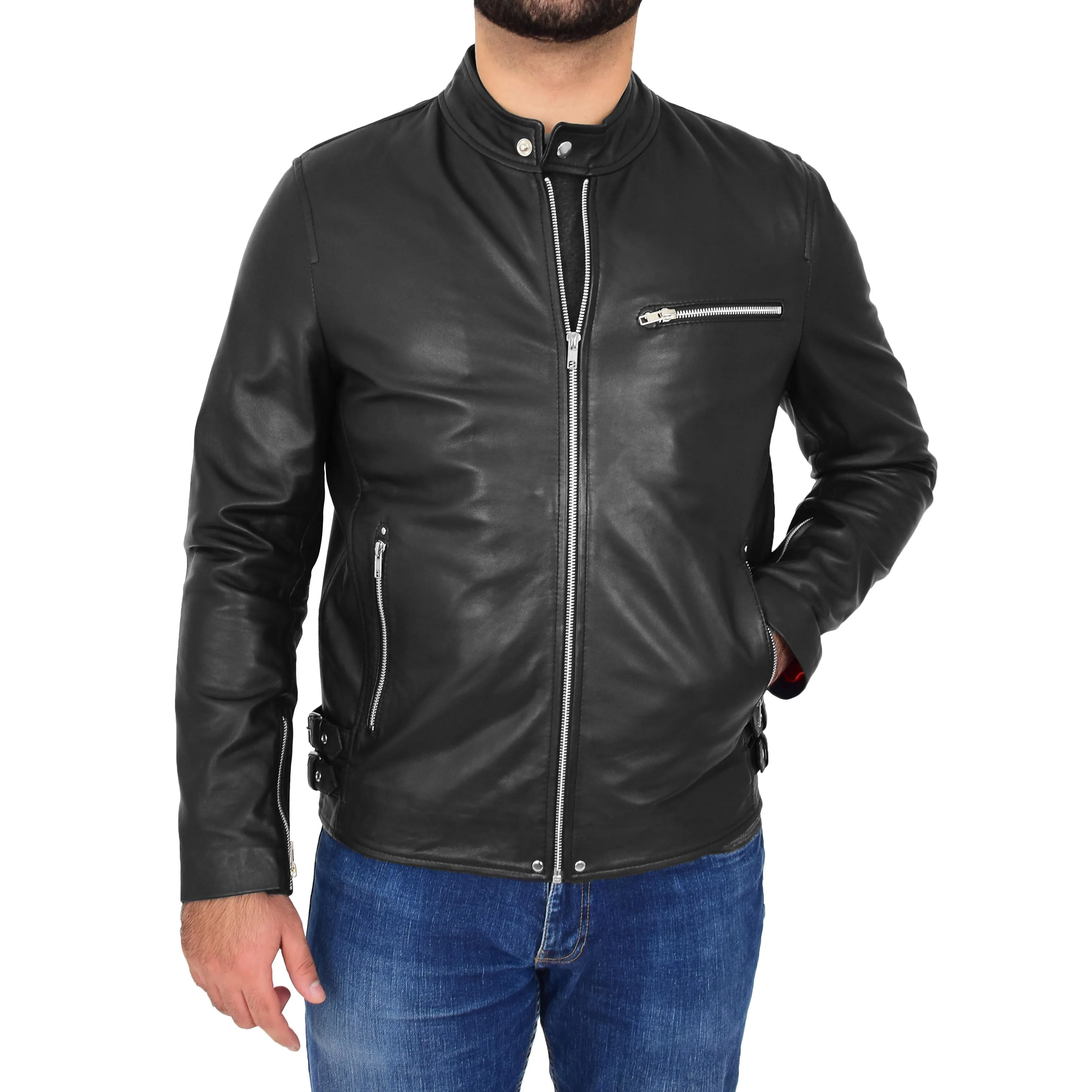 Mens Soft Leather Biker Jacket Brock Black