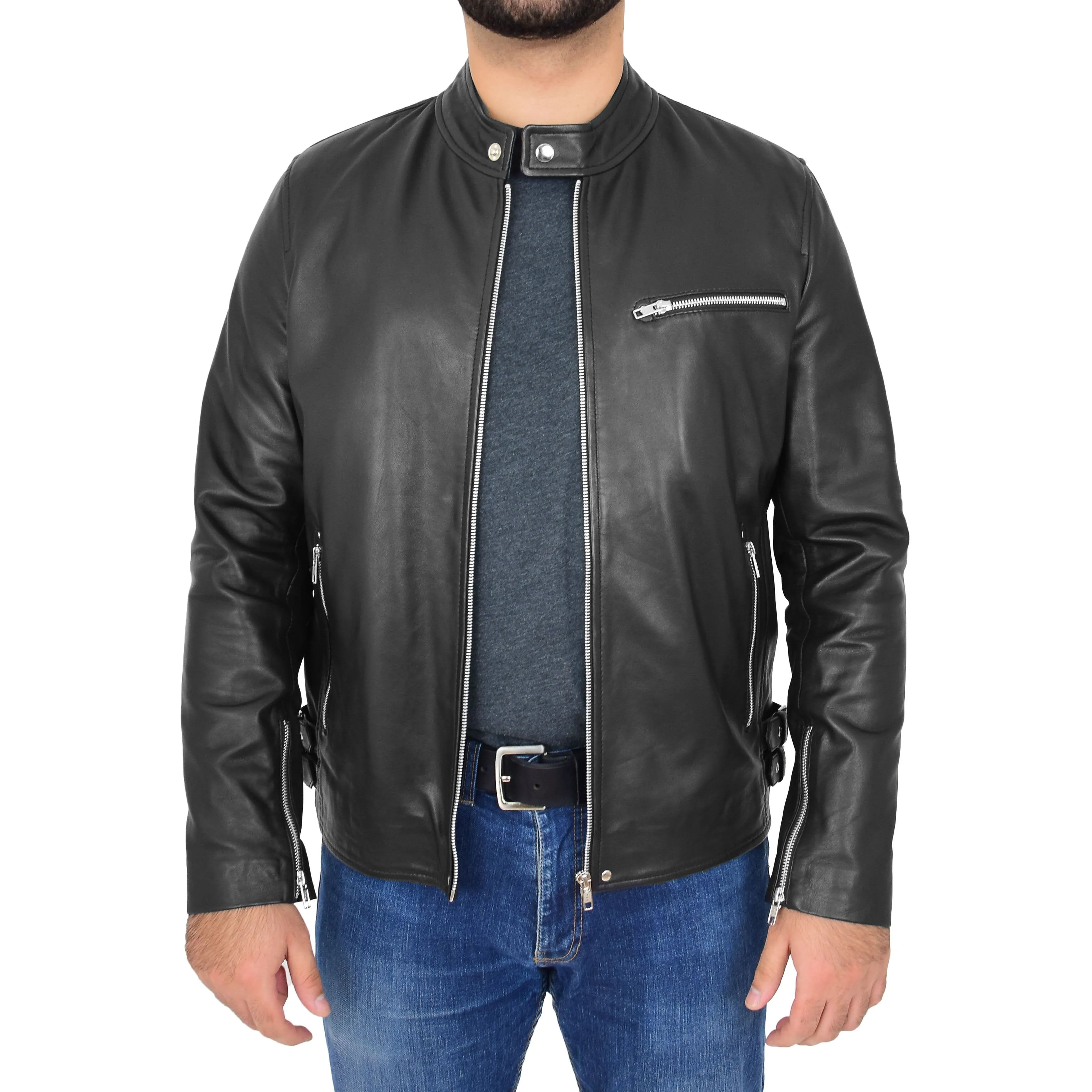 Mens Soft Leather Biker Jacket Brock Black