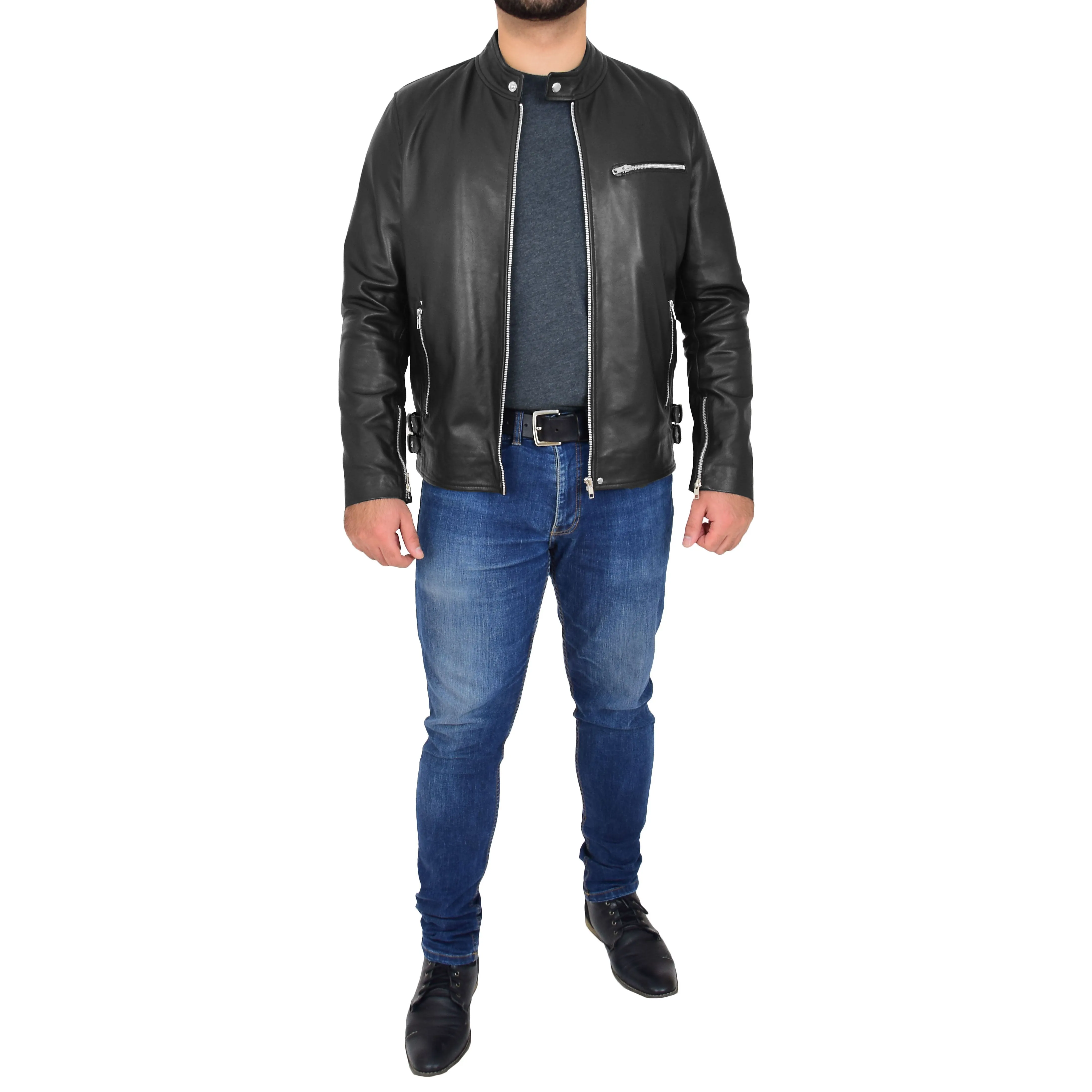 Mens Soft Leather Biker Jacket Brock Black