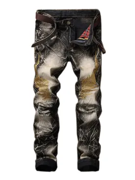 Men's Wing Embroidered Ripped Jeans