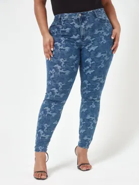 Mid Rise Jacquard Camo Skinny Jeans in Dark Blue Wash