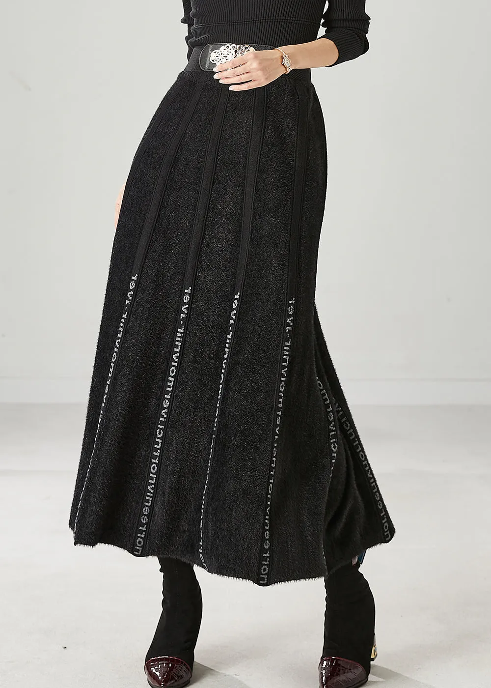 Modern Black Letter Patchwork Knit Skirt Spring YU1046