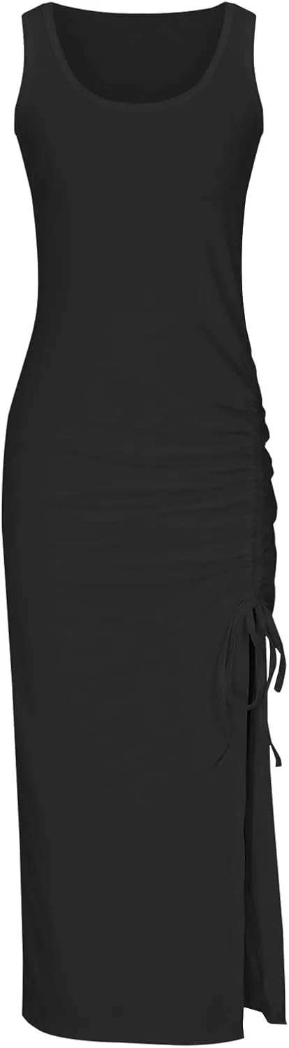 NaRHbrg Women's Sleeveless Bodycon Maxi Dress with Side Slit Sexy Fitted Long Summer Dress for Casual Party Club