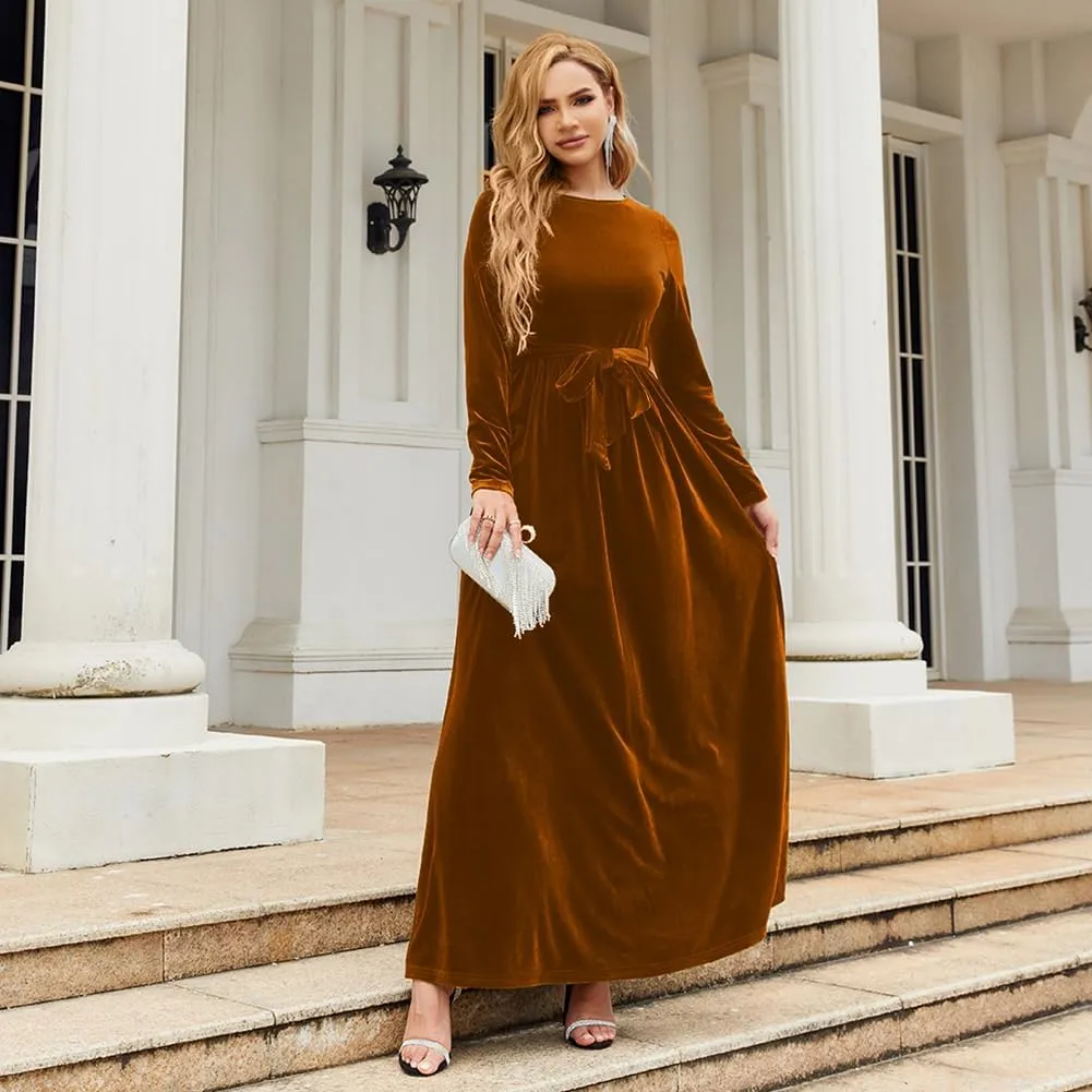 ODIZLI Women's Fall Winter Dress Long Sleeve Round Neck Velvet Long Maxi Dress with Belt Party Dress