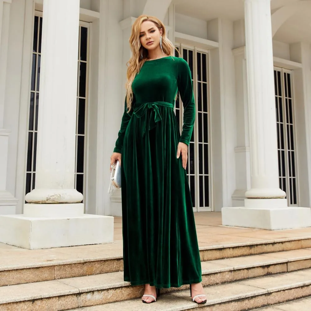 ODIZLI Women's Fall Winter Dress Long Sleeve Round Neck Velvet Long Maxi Dress with Belt Party Dress