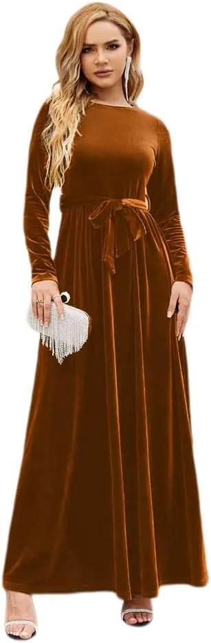 ODIZLI Women's Fall Winter Dress Long Sleeve Round Neck Velvet Long Maxi Dress with Belt Party Dress