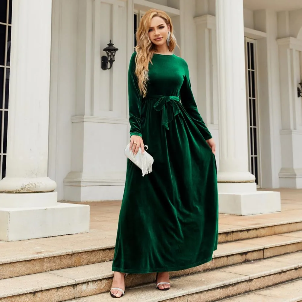 ODIZLI Women's Fall Winter Dress Long Sleeve Round Neck Velvet Long Maxi Dress with Belt Party Dress