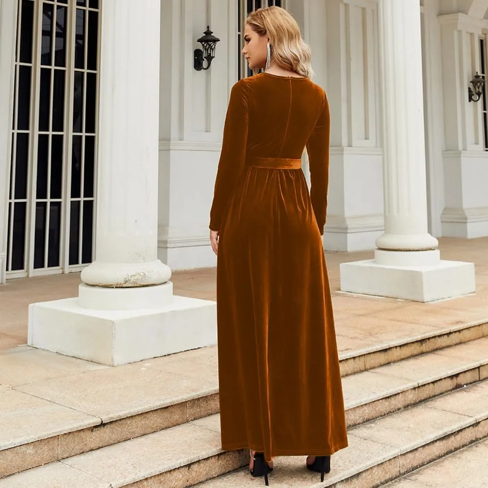 ODIZLI Women's Fall Winter Dress Long Sleeve Round Neck Velvet Long Maxi Dress with Belt Party Dress