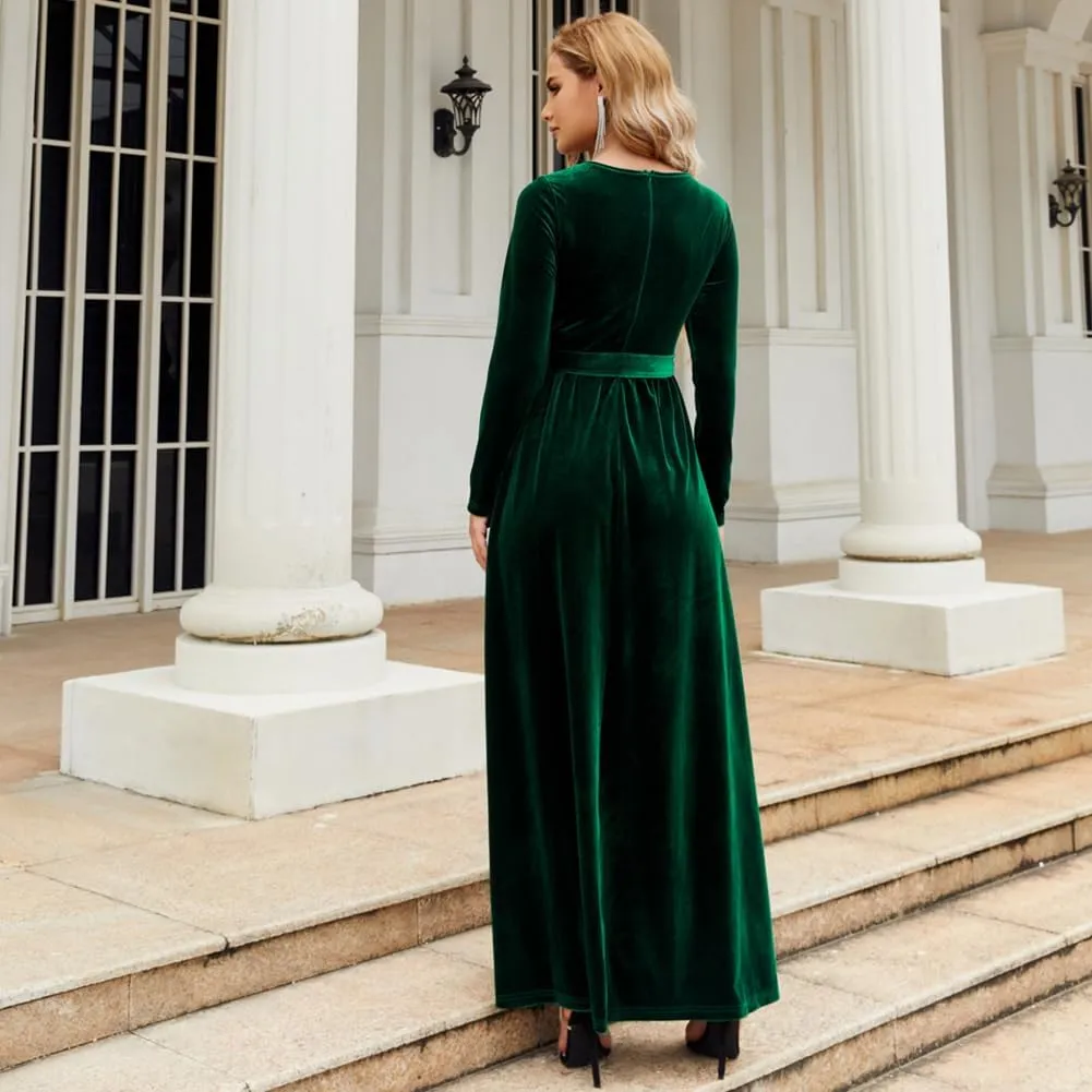 ODIZLI Women's Fall Winter Dress Long Sleeve Round Neck Velvet Long Maxi Dress with Belt Party Dress