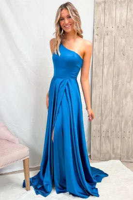 One Shoulder Blue Satin Long Prom Dress with High Slit, One Shoulder Blue Formal Graduation Evening Dress A1776