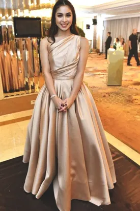 One Shoulder Champagne Satin Long Prom Dress, Long Champagne Formal Graduation Evening Dress A1553