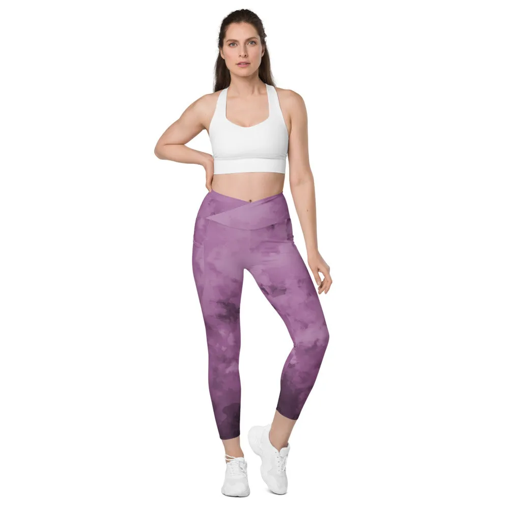 Purple Abstract Women's Tights, Best Women's Crossover Leggings With Pockets For Ladies - Made in USA/EU/MX