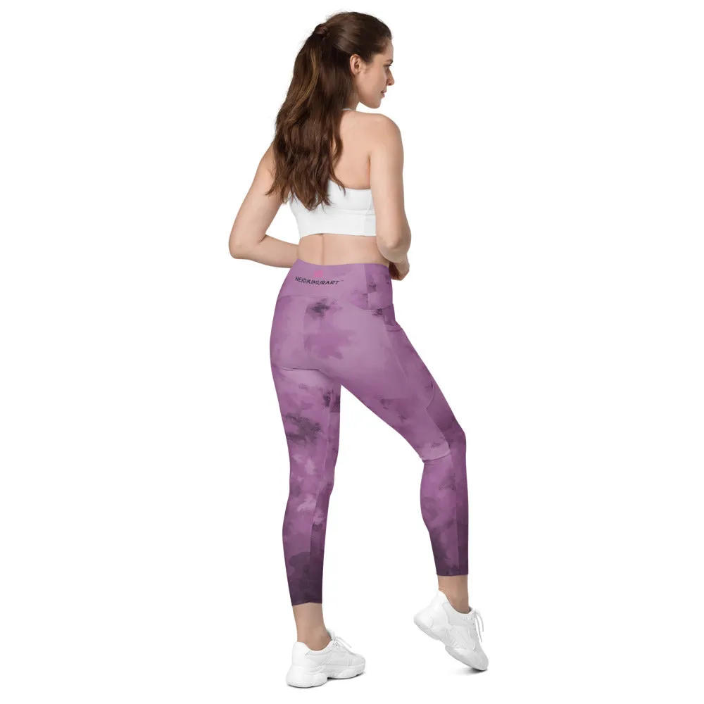 Purple Abstract Women's Tights, Best Women's Crossover Leggings With Pockets For Ladies - Made in USA/EU/MX