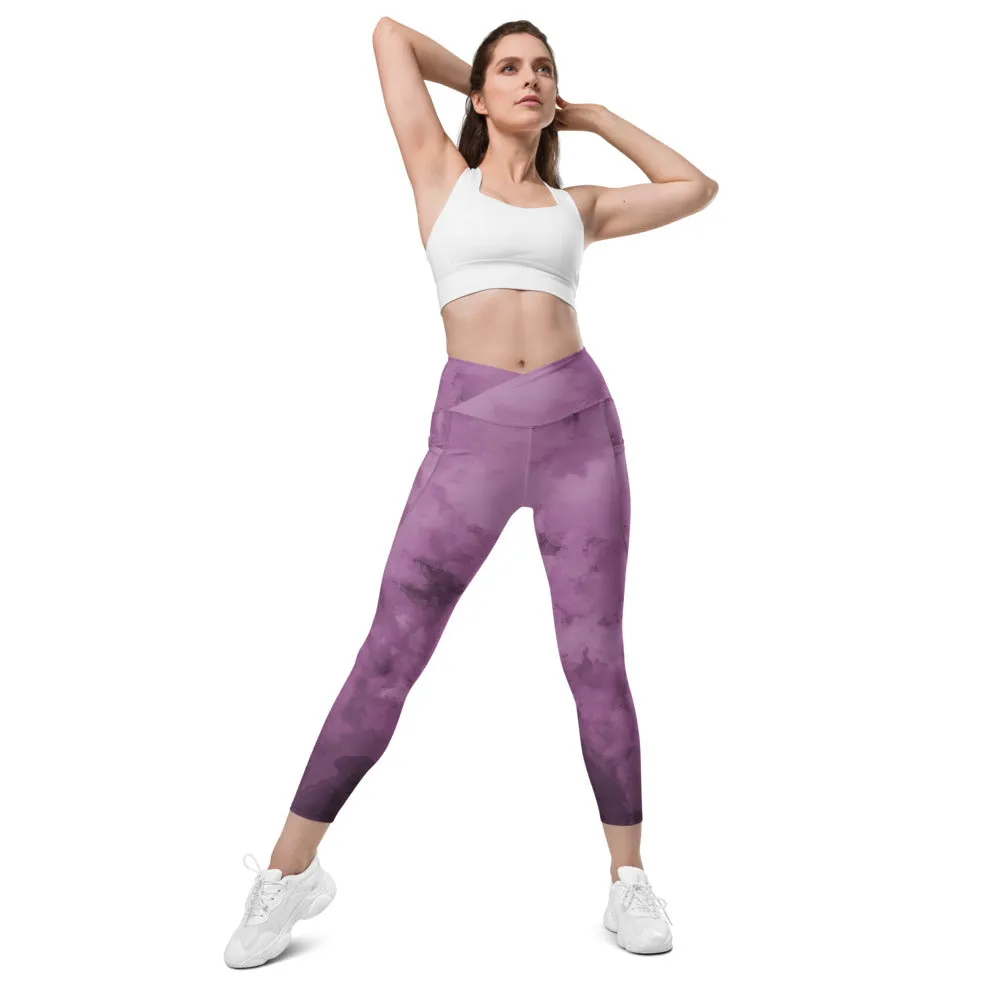 Purple Abstract Women's Tights, Best Women's Crossover Leggings With Pockets For Ladies - Made in USA/EU/MX