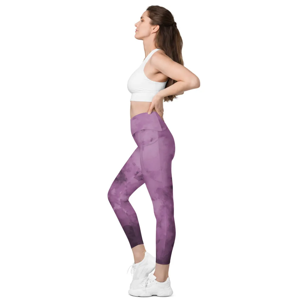 Purple Abstract Women's Tights, Best Women's Crossover Leggings With Pockets For Ladies - Made in USA/EU/MX