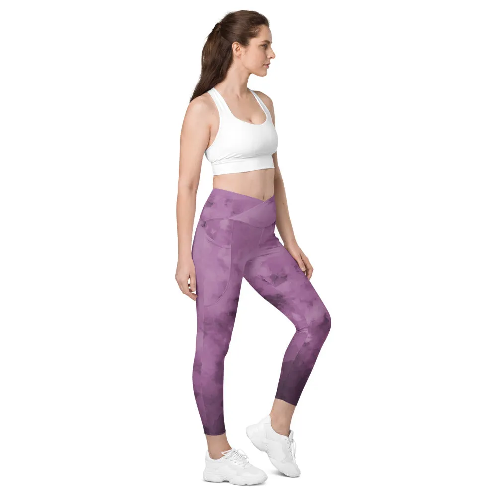 Purple Abstract Women's Tights, Best Women's Crossover Leggings With Pockets For Ladies - Made in USA/EU/MX