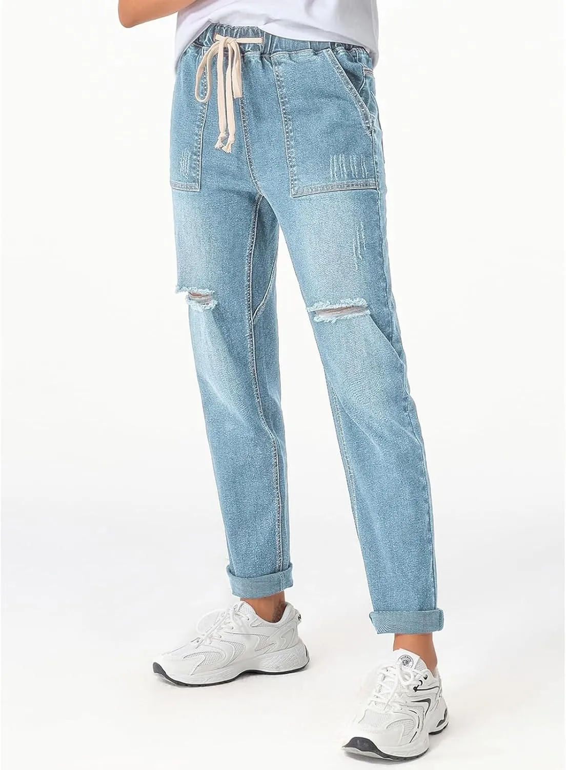 Ripped Jeans Womens High Waisted Boyfriend Cargo Jeans Stretch Straight Leg Distressed Cropped Denim Pants w/Pockets