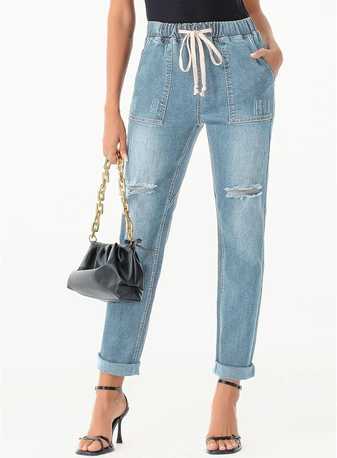 Ripped Jeans Womens High Waisted Boyfriend Cargo Jeans Stretch Straight Leg Distressed Cropped Denim Pants w/Pockets