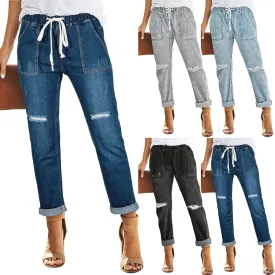 Ripped Jeans Womens High Waisted Boyfriend Cargo Jeans Stretch Straight Leg Distressed Cropped Denim Pants w/Pockets