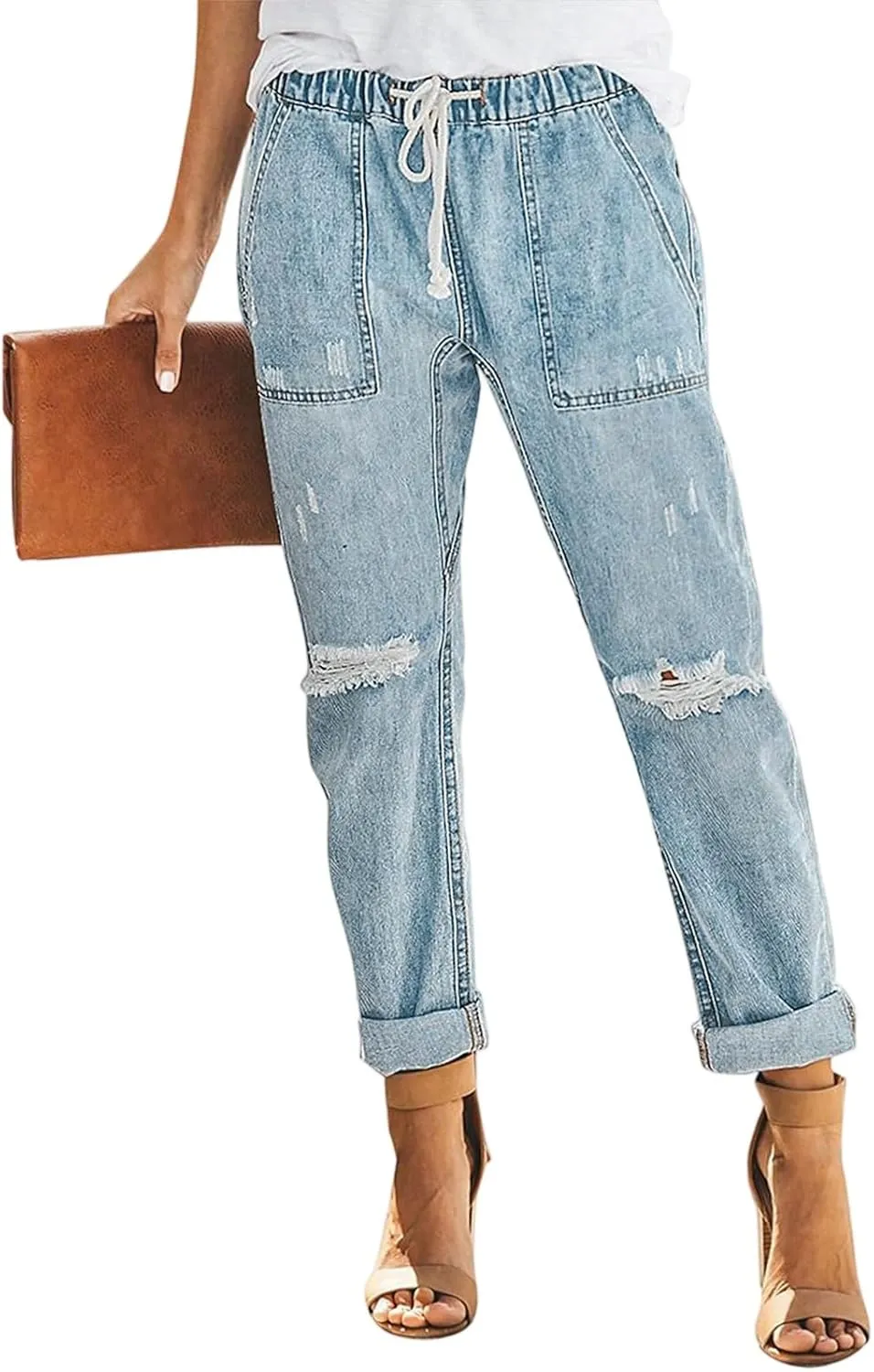 Ripped Jeans Womens High Waisted Boyfriend Cargo Jeans Stretch Straight Leg Distressed Cropped Denim Pants w/Pockets